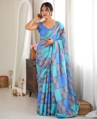 blue color tissue fabric digital printed fancy mirror work saree 1