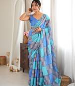 blue color tissue fabric digital printed fancy mirror work saree