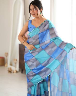 blue color tissue fabric digital printed fancy mirror work saree 3