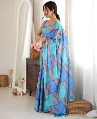 blue color tissue fabric digital printed fancy mirror work saree 4