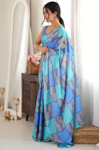 blue color tissue fabric digital printed fancy mirror work saree