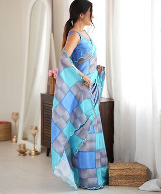 blue color tissue fabric digital printed fancy mirror work saree 5