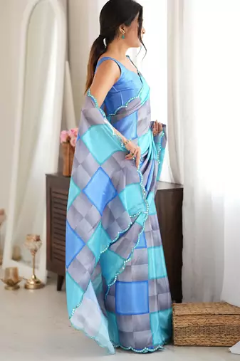 blue color tissue fabric digital printed fancy mirror work saree