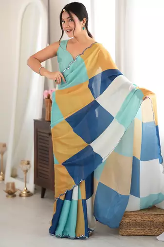 multicolor tissue fabric digital printed fancy mirror work saree