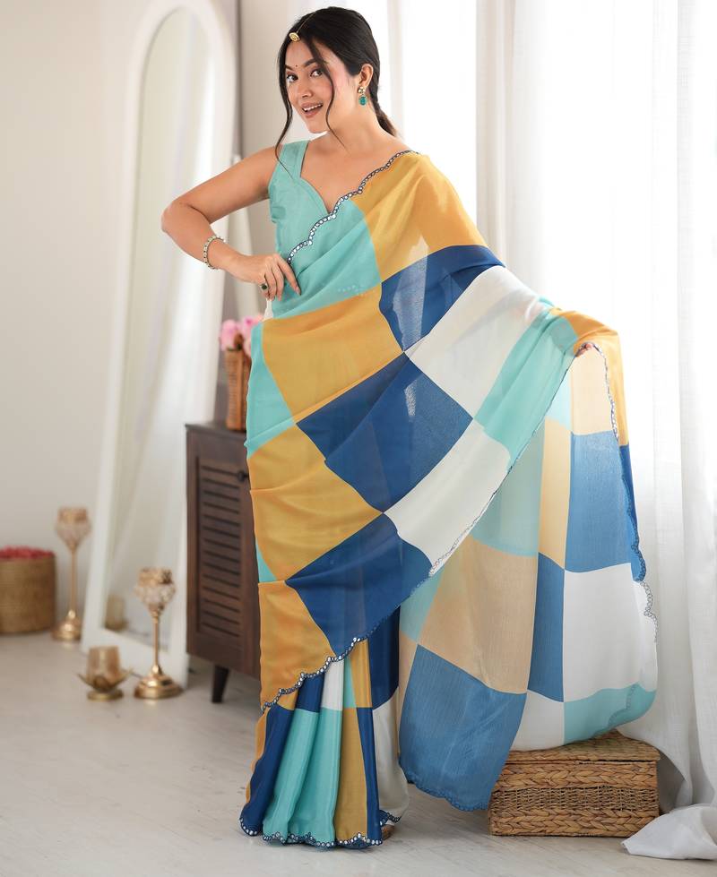 multicolor tissue fabric digital printed fancy mirror work saree
