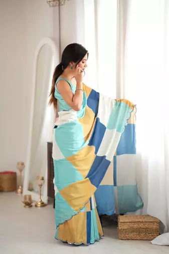 multicolor tissue fabric digital printed fancy mirror work saree