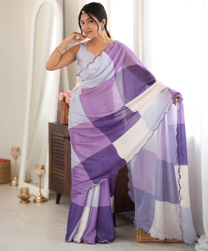 purple color tissue fabric digital printed fancy mirror work saree