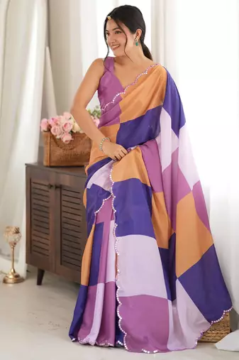 multicolor tissue fabric digital printed fancy mirror work saree