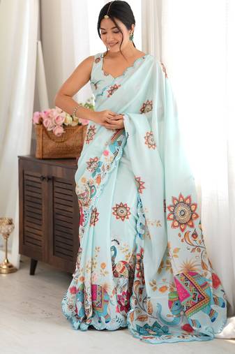 sea green color tissue fabric digital printed fancy mirror work saree