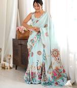 sea green color tissue fabric digital printed fancy mirror work saree