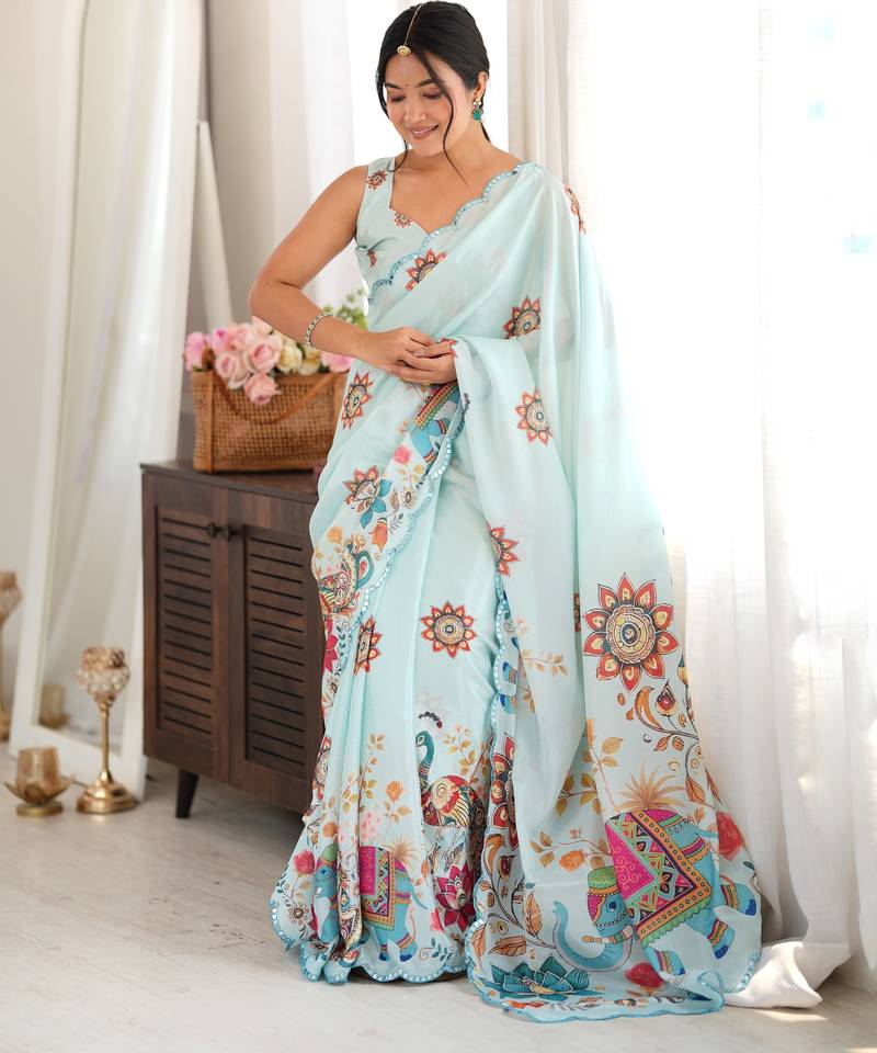 sea green color tissue fabric digital printed fancy mirror work saree