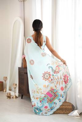 sea green color tissue fabric digital printed fancy mirror work saree 2