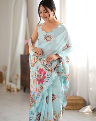 sea green color tissue fabric digital printed fancy mirror work saree 3