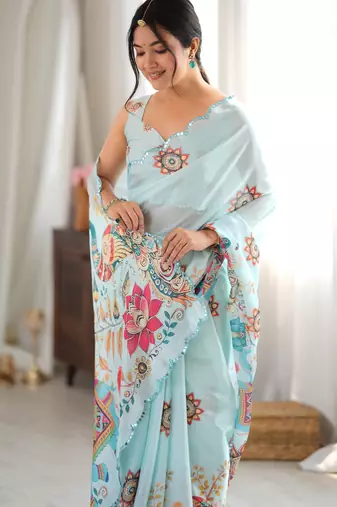 sea green color tissue fabric digital printed fancy mirror work saree