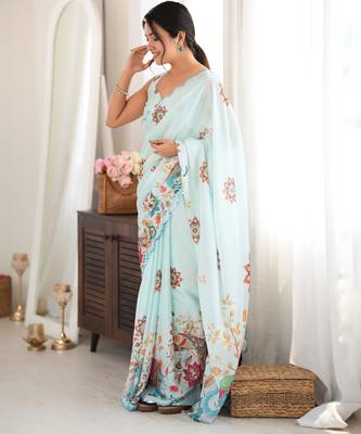 sea green color tissue fabric digital printed fancy mirror work saree 4