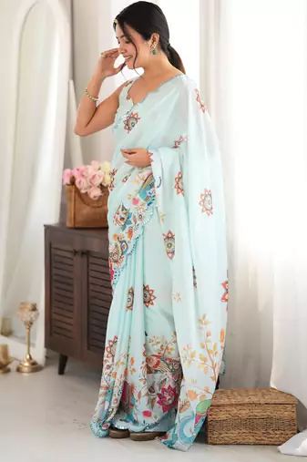 sea green color tissue fabric digital printed fancy mirror work saree