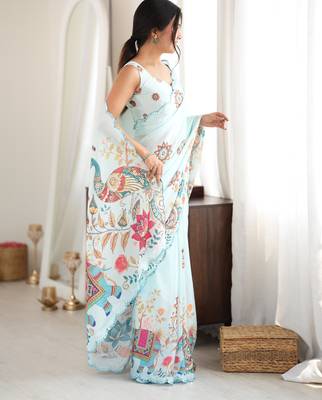 sea green color tissue fabric digital printed fancy mirror work saree 5