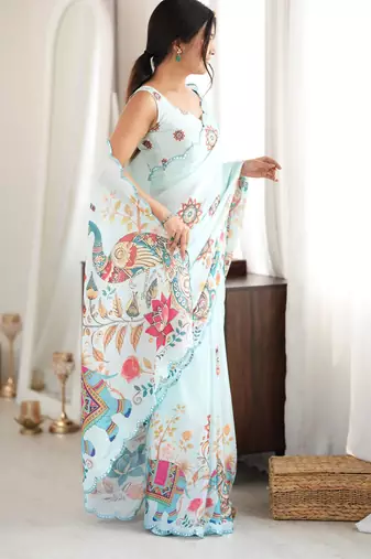 sea green color tissue fabric digital printed fancy mirror work saree