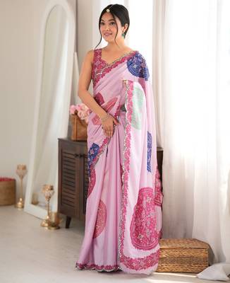 Pink color chinon fabric digital printed fancy mirror work saree 1