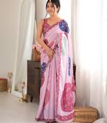 Pink color chinon fabric digital printed fancy mirror work saree