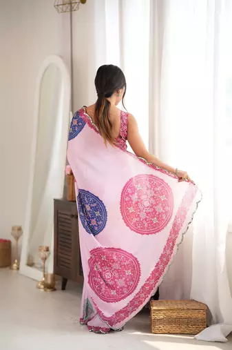 Pink color chinon fabric digital printed fancy mirror work saree