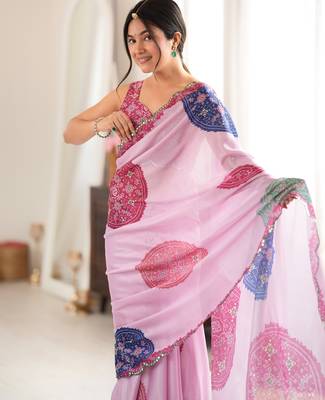 Pink color chinon fabric digital printed fancy mirror work saree 3