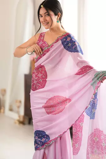Pink color chinon fabric digital printed fancy mirror work saree