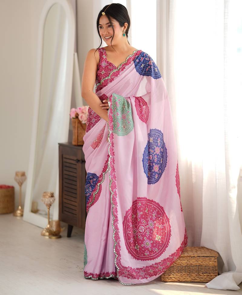 Pink color chinon fabric digital printed fancy mirror work saree