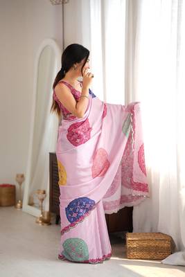 Pink color chinon fabric digital printed fancy mirror work saree 5