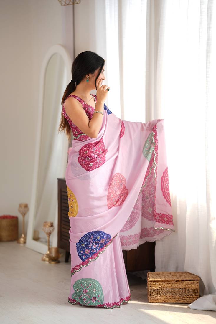 Pink color chinon fabric digital printed fancy mirror work saree