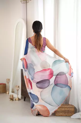 multicolor tissue fabric digital printed fancy mirror work saree