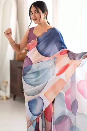 multicolor tissue fabric digital printed fancy mirror work saree