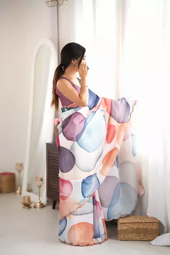 multicolor tissue fabric digital printed fancy mirror work saree