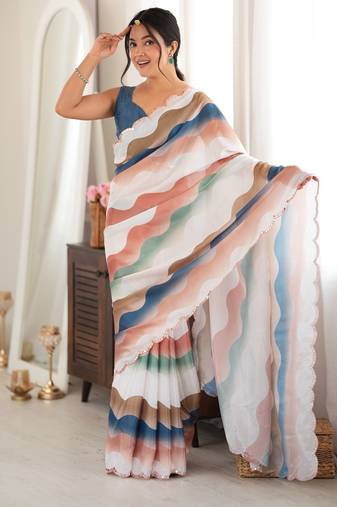 multicolor tissue fabric digital printed fancy mirror work saree
