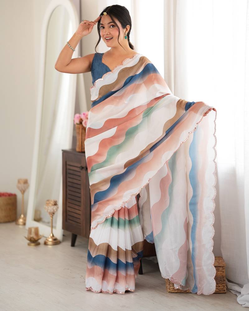multicolor tissue fabric digital printed fancy mirror work saree