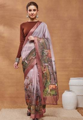 Peach color silk blend designer printed ready to wear ceremonial saree 1