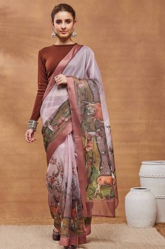 peach color silk blend designer printed ready to wear ceremonial saree