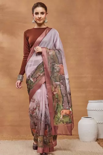 peach color silk blend designer printed ready to wear ceremonial saree