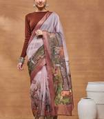 Peach color silk blend designer printed ready to wear ceremonial saree