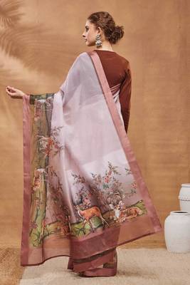 Peach color silk blend designer printed ready to wear ceremonial saree 2