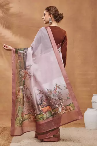 peach color silk blend designer printed ready to wear ceremonial saree