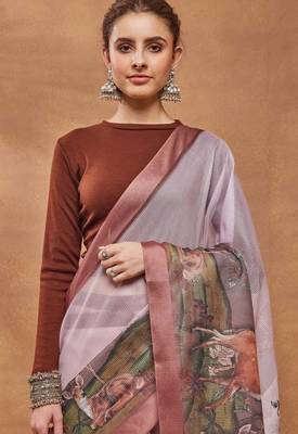 Peach color silk blend designer printed ready to wear ceremonial saree 3