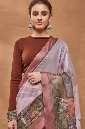 peach color silk blend designer printed ready to wear ceremonial saree