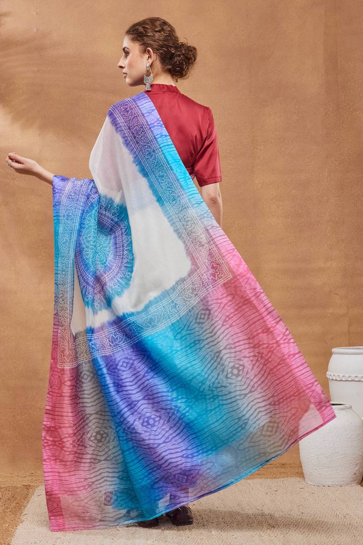 Blue color silk blend designer printed ready to wear ceremonial saree