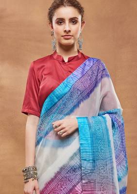 Blue color silk blend designer printed ready to wear ceremonial saree 3