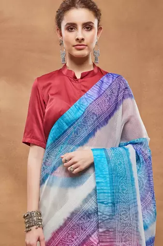 Blue color silk blend designer printed ready to wear ceremonial saree