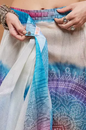 Blue color silk blend designer printed ready to wear ceremonial saree