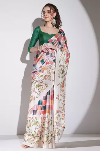 multi color silk blend designer printed ready to wear ceremonial saree