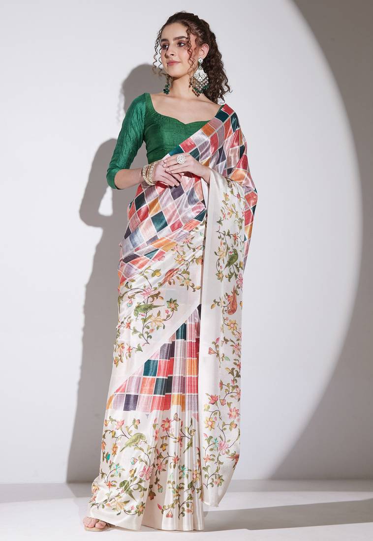 Multi color silk blend designer printed ready to wear ceremonial saree