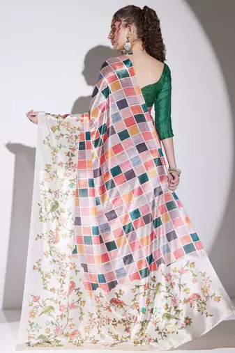 multi color silk blend designer printed ready to wear ceremonial saree